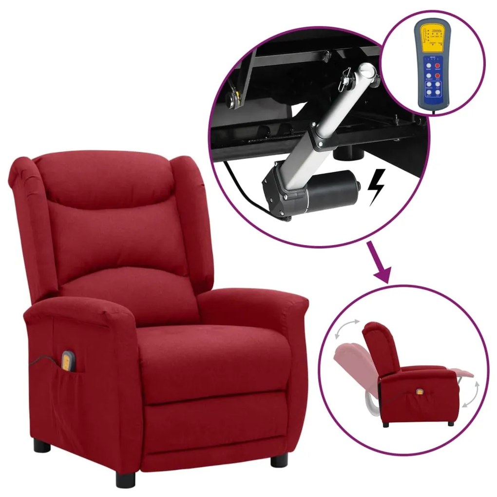 vidaXL Poltrona elevatória de massagens tecido vermelho tinto