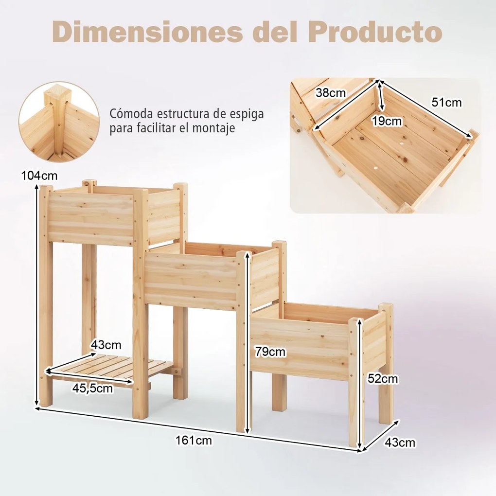Floreira para plantas vertical de 3 níveis para jardim elevado com furos de drenagem em Estante Aberta 161 x 43 x 104 cm Natural