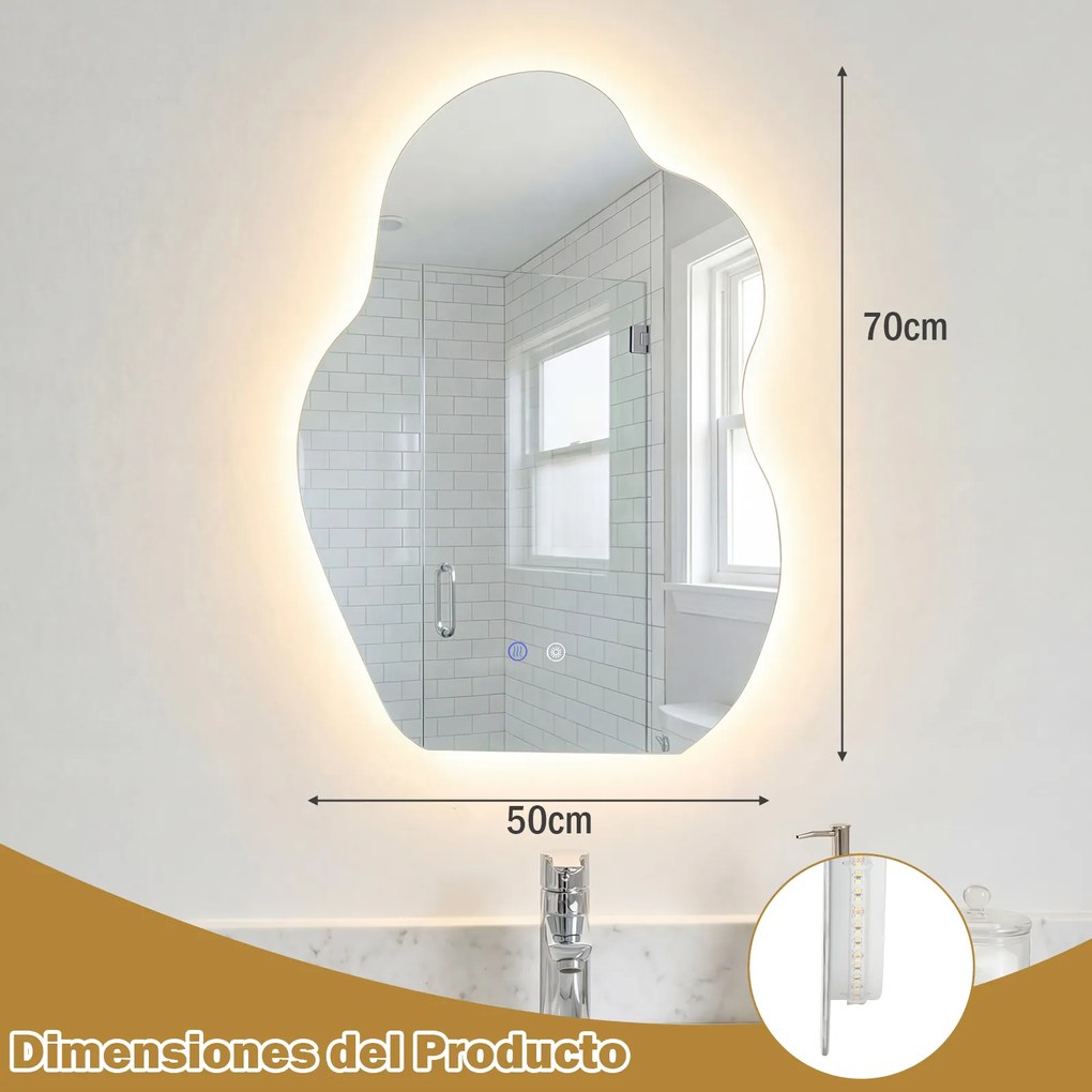 Espelho de casa de banho LED assimétrico com 3 luzes 70 x 50 x 3,5 cm, intensidade regulável, função antiembaciamento e vidro temperado prateado