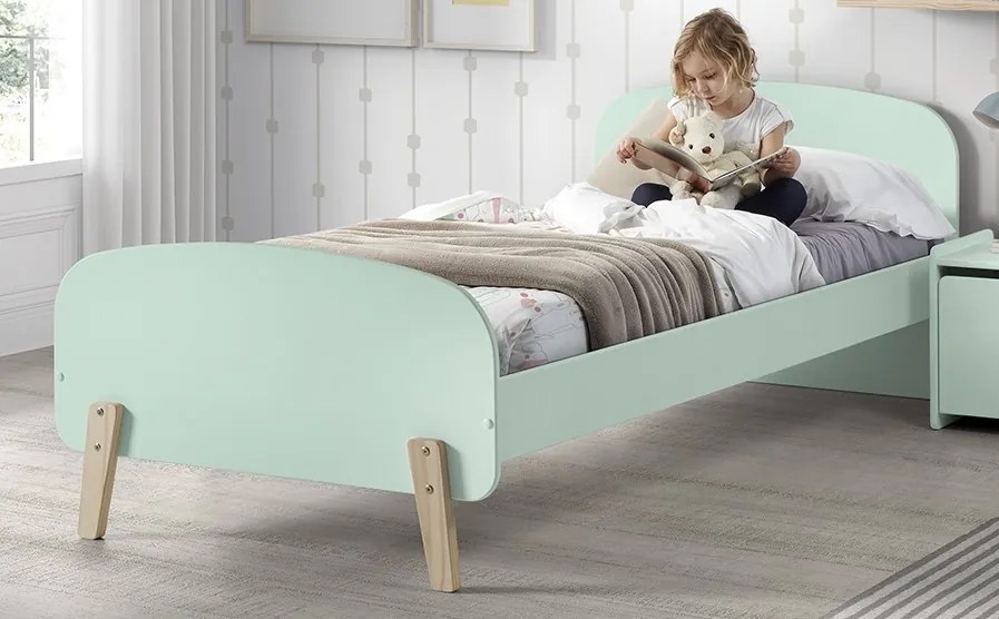 Cama infantil KIDDY (90x200)+ estrado feita de MDF com pés em pinho maciço Verde Menta