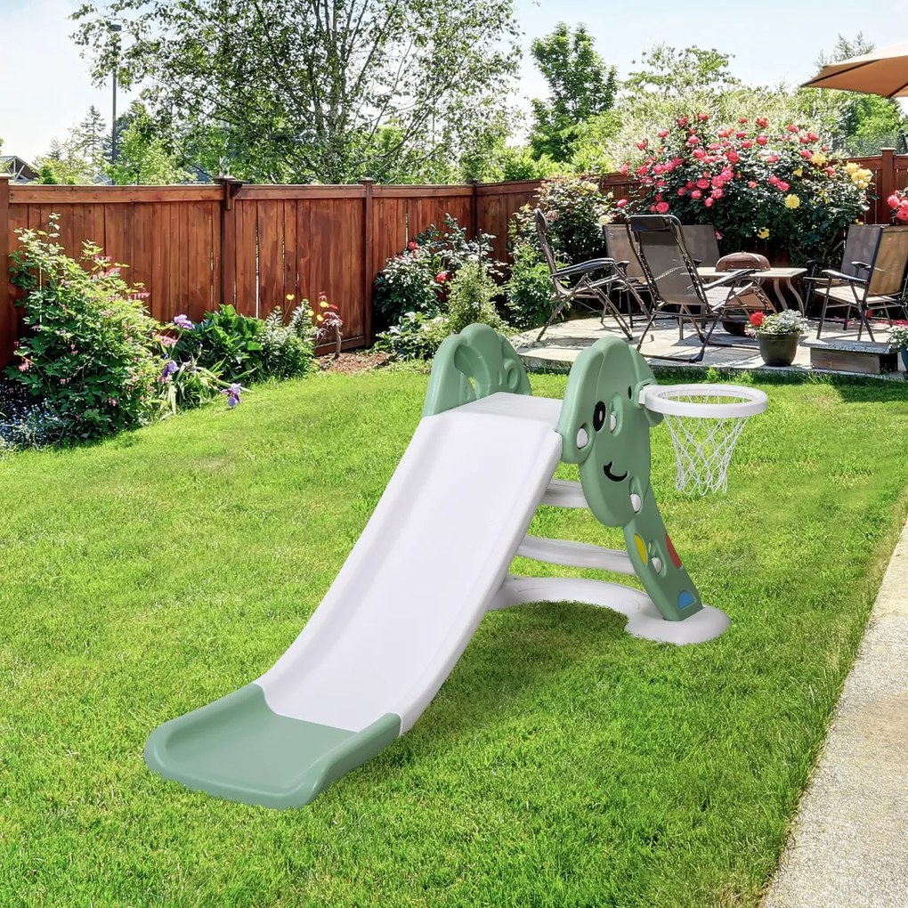 Escorrega infantil para crianças acima de 2 anos com cesta de basquete Interior e exterior carga 25 kg Acessórios incluídos 160x35x68 cm Verde e