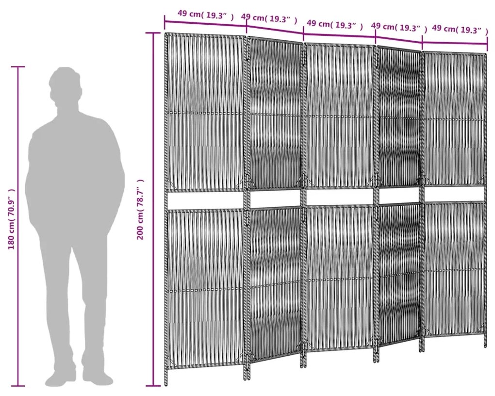 Biombo de divisão 5 painéis vime PE cinzento