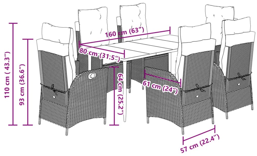 7 pcs conjunto de jantar p/ jardim com almofadões vime PE bege
