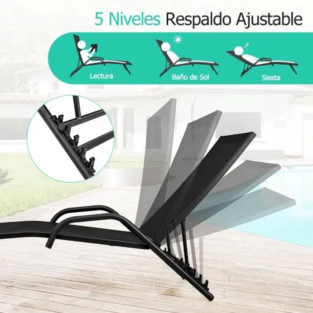 Conjunto de 2 espreguiçadeiras de jardim Reclináveis Ajustáveis em 5 Posições Assento Respirável para Pátio Jardim Piscina Preto