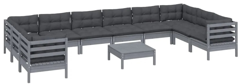 11 pcs conjunto lounge de jardim c/ almofadões pinho cinza