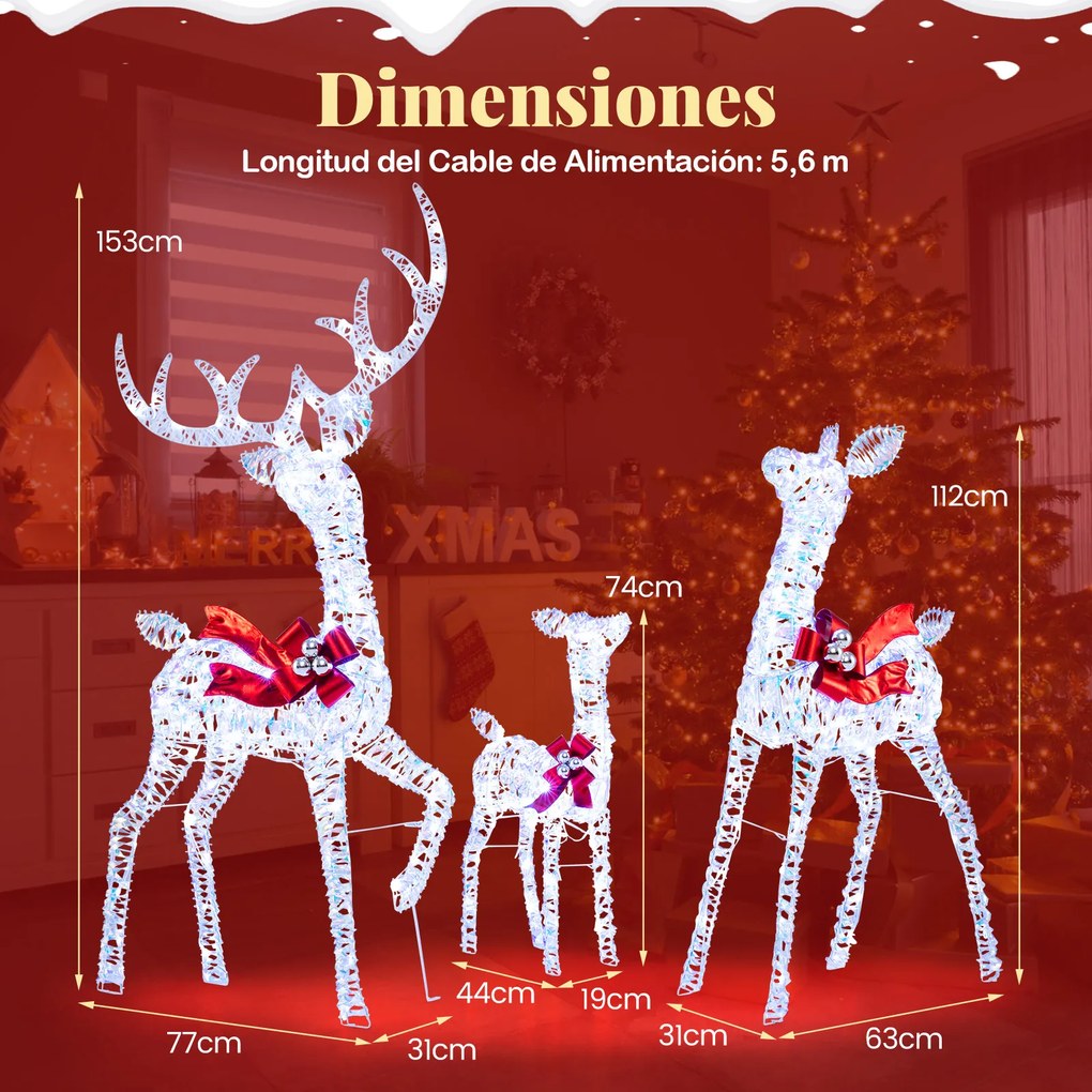Conjunto de 3 Renos de Natal Iluminados, 215 Luzes LED Resistentes às Intempéries, Branco