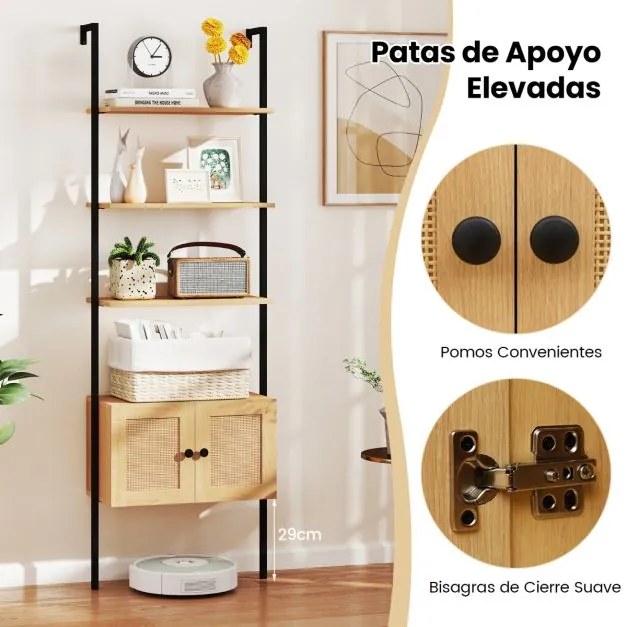 Estante em escada de 5 níveis com armário em rattan de parede alta de 184 cm Estrutura em metal Estante aberta boémia natural