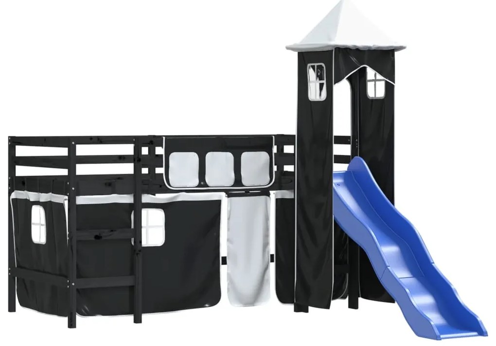 Cama alta criança c/ torre 90x190 cm pinho maciço branco/preto