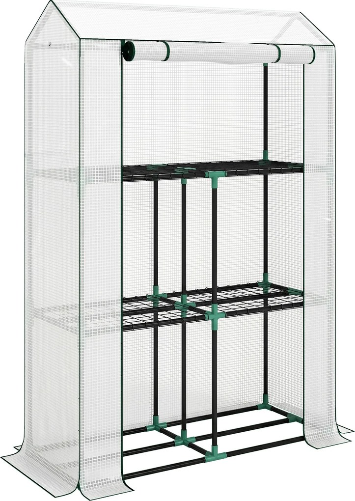 Outsunny Estufa com prateleira de 3 níveis, cobertura de plástico resistente a UV, porta enrolável, 100 x 40 x 150 cm, Branco | Aosom Portugal