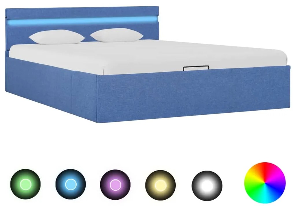 vidaXL Cama hidráulica c/ arrumação e LED 140x200 cm tecido azul