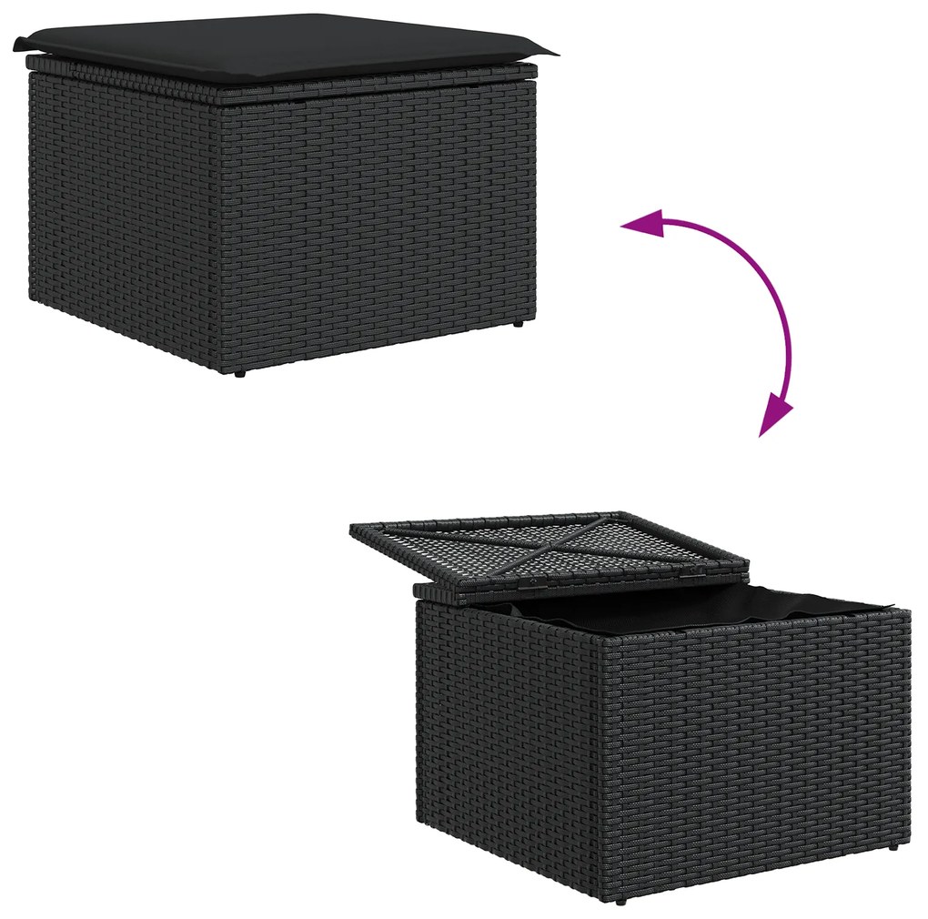 Conjunto de Sofá de Jardim de 9 Peças com Almofadas Preto Vime PE, Sof