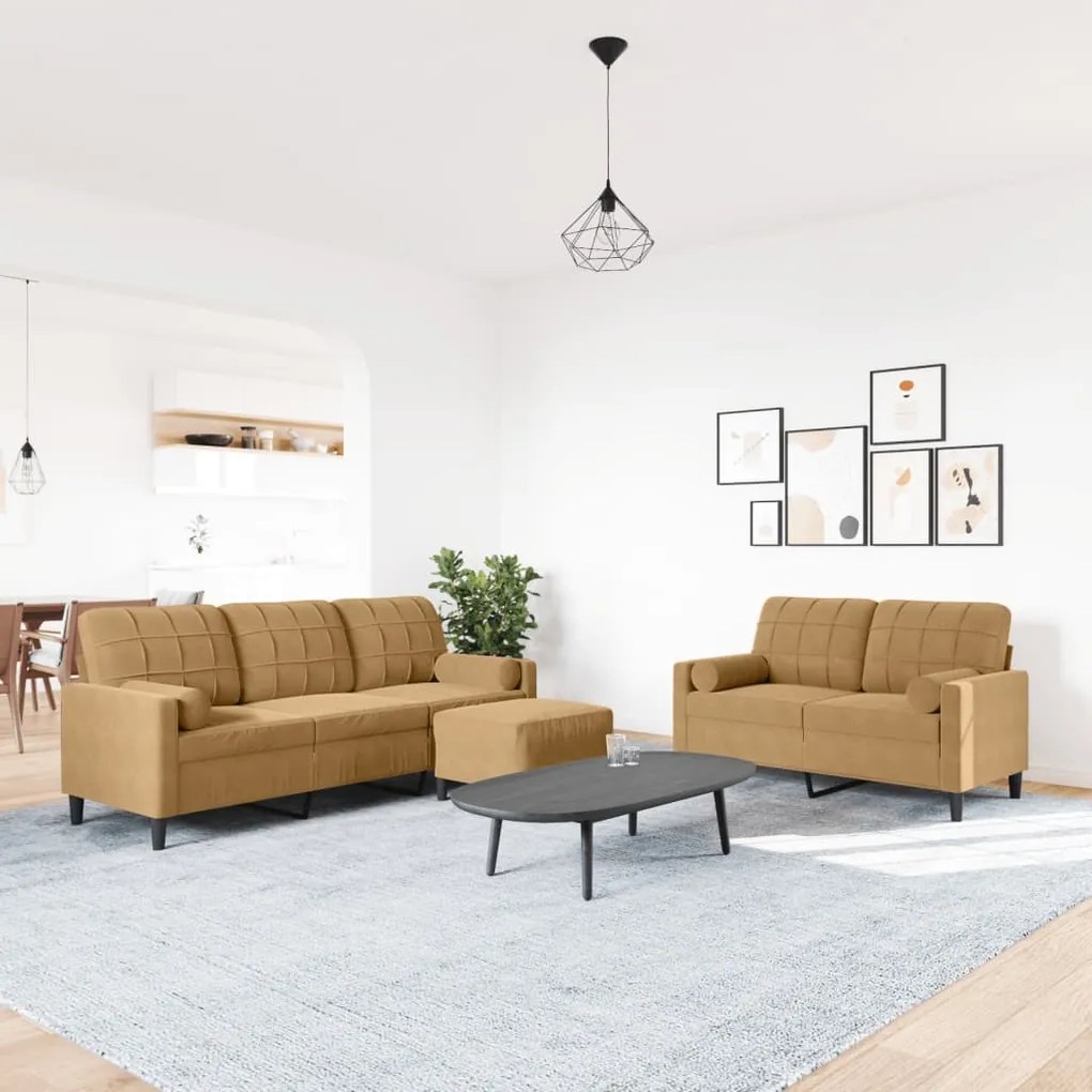 3 pcs conjunto de sofás com almofadões e rolos veludo castanho