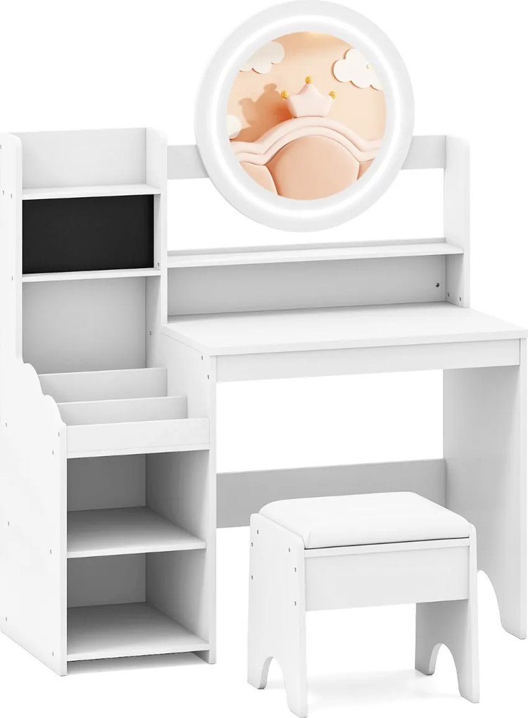 Toucador infantil com espelho e luzes para princesas, com estantes e ranhuras para anéis e banquinho branco