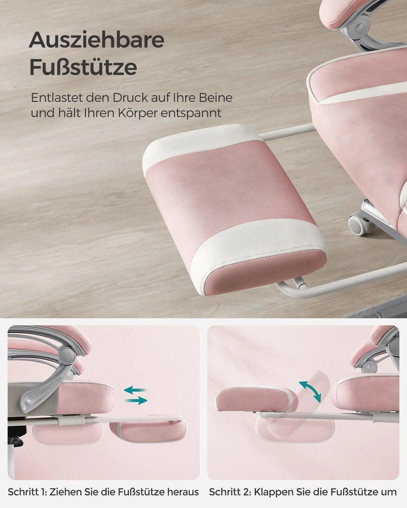 Cadeira Gaming com encosto reclinável e almofada para o apoio de cabeça Rosa pastel + branco creme