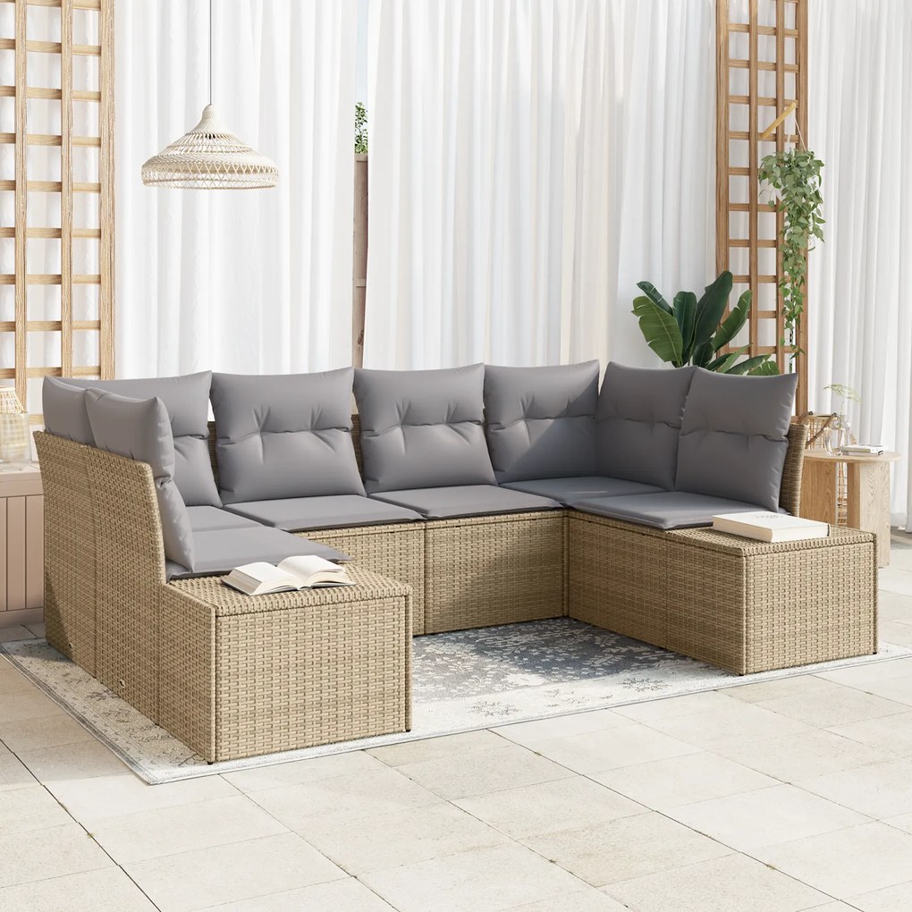Conjunto de Sofás de Jardim de 6 Peças com Almofadas Bege Rattan PE