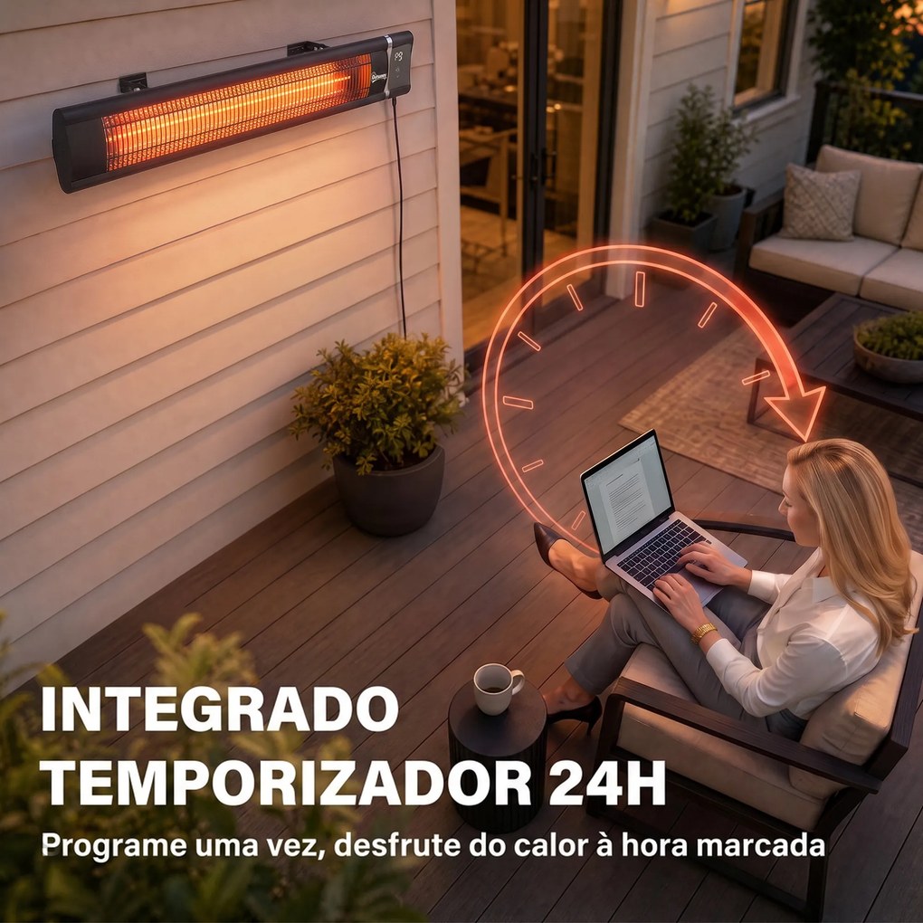 Aquecedor Infravermelho Elétrico de Terraço 3000 W Mural IP65 9 Níveis Temporizador 24 h Preto
