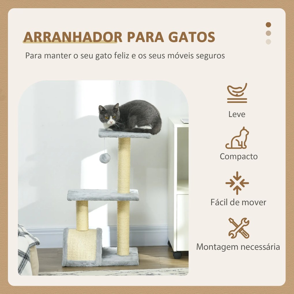 Arranhador para Gatos Médio de 3 Níveis  com Postes de Sisal Placa para Arranhar e Bola Suspensa 40x35x72 cm Cinza