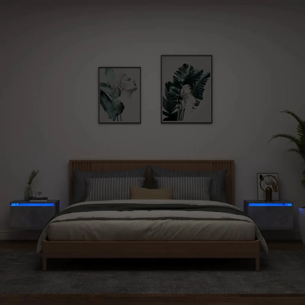 vidaXL Mesas de cabeceira de parede c/ luzes LED 2pcs cinzento cimento