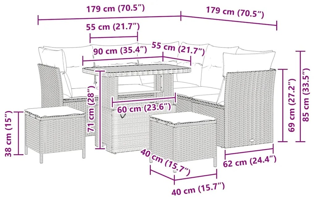 Conjunto de Sofá de Jardim de 8 Peças da com Almofadas Beiges em Ratta