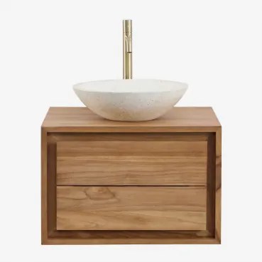 Conjunto De Móvel De Casa De Banho Suspenso Em Madeira De Teca Jabari Madeira De Teca & Cimento Redondo Branco Ø40 Cm Zavion & - Sklum