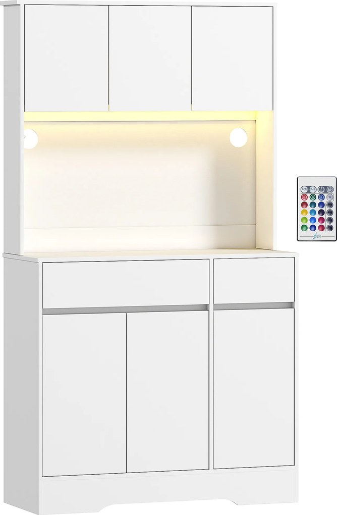 HOMCOM Armário de Cozinha com Luz LED RGB, Bancada para Micro-ondas, 6 Portas, 2 Gavetas, Prateleiras Ajustáveis e Comando à Distância, Branco | Aosom Portugal