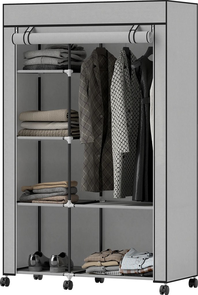 Guarda roupa em tecido, móvel de arrumação com 6 rodas, varão para roupa e prateleiras abertas, 103 x 43 x 162,5 cm, cinzento