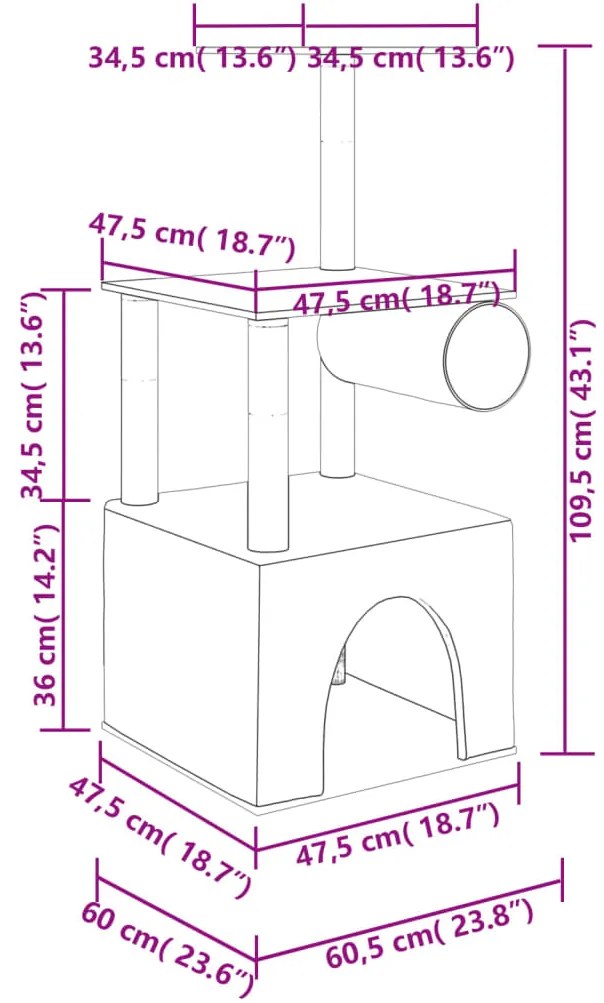 Árvore gatos c/ postes arranhadores sisal 109,5 cm cinza-claro