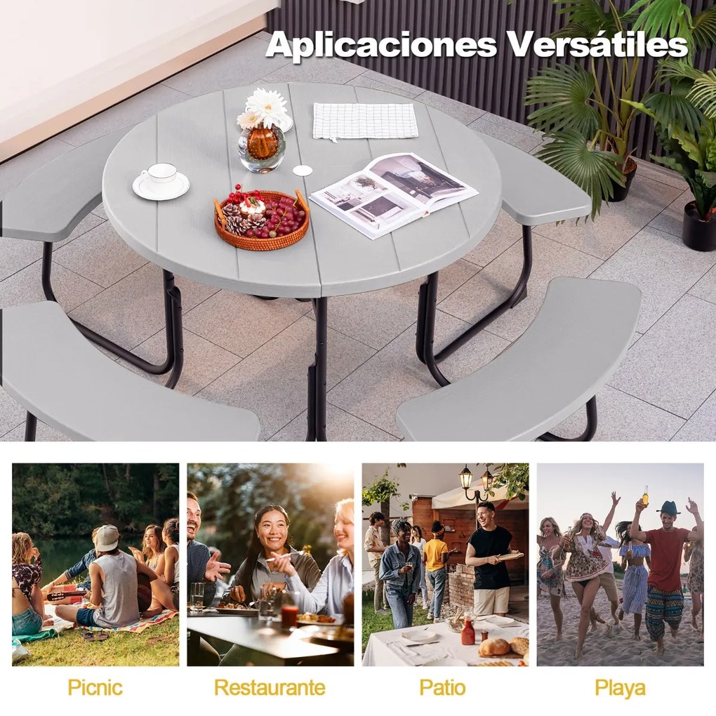 Conjunto de jardim para 8 pessoas com mesa e 4 bancos, orifício para guarda-sol e mesa de campismo redonda para piquenique no jardim Carga 225 kg Cinz