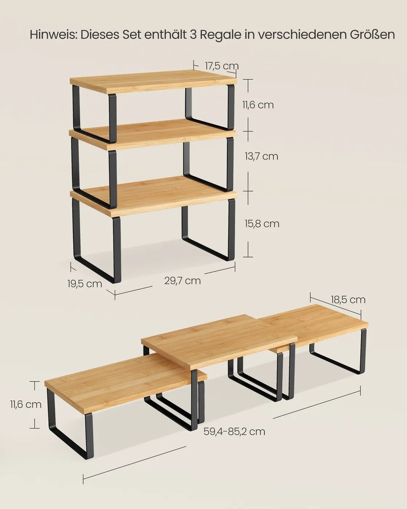 Conjunto de 3 prateleiras de cozinha para especiarias em metal Preto-bege natural