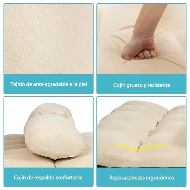 Sofá de chão ajustável Sofá-cama dobrável em 6 posições Revestimento removível em camurça com 2 almofada Bege