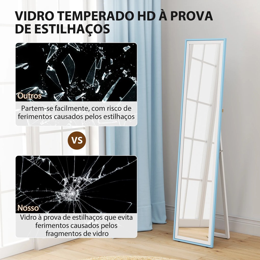 Espelho de Pé 157x37 cm com Moldura em MDF Espelho de Parede Retangular com 2 Formas de Utilização Branco e Azul