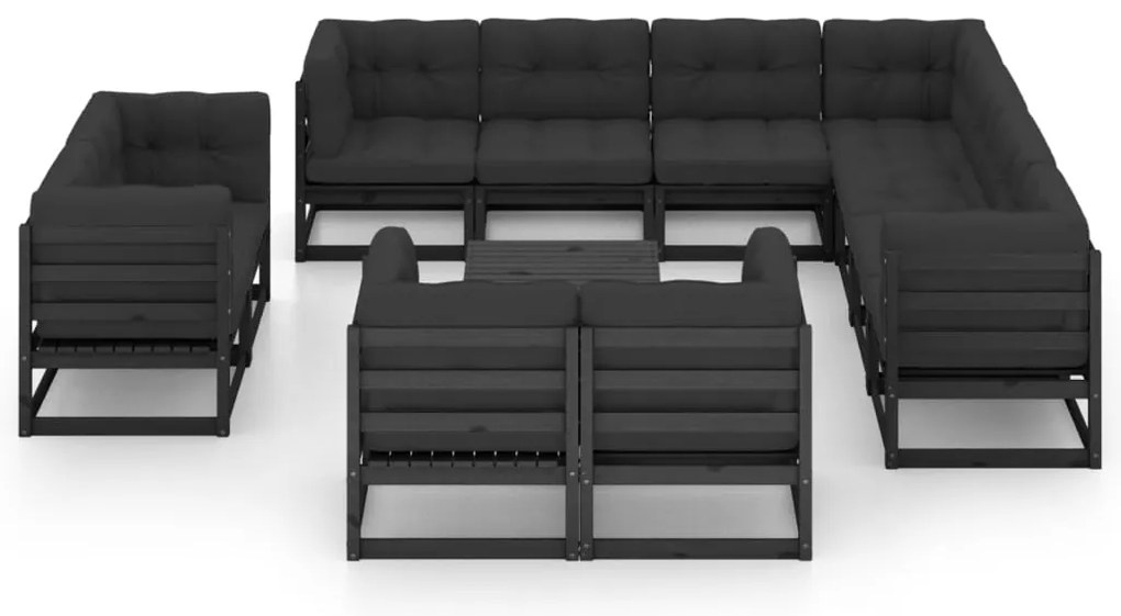 12 pcs conjunto lounge jardim c/ almofadões pinho maciço preto