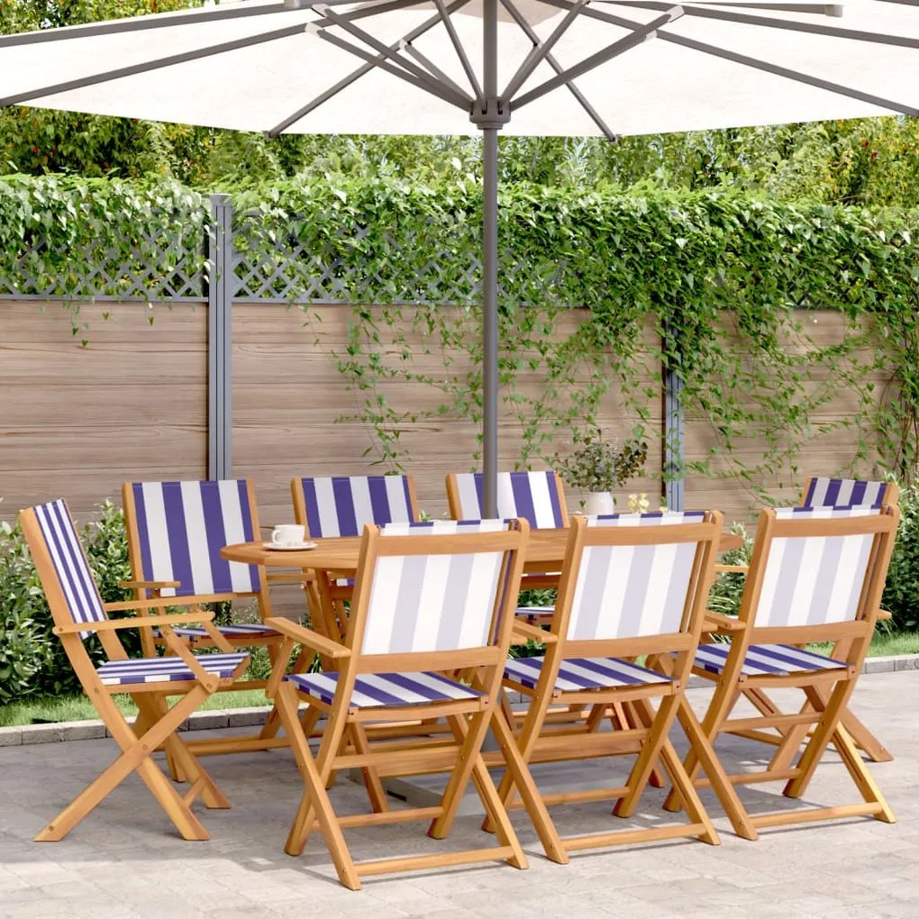 Cadeiras de jardim dobráveis 8 pcs tecido/madeira azul e branco