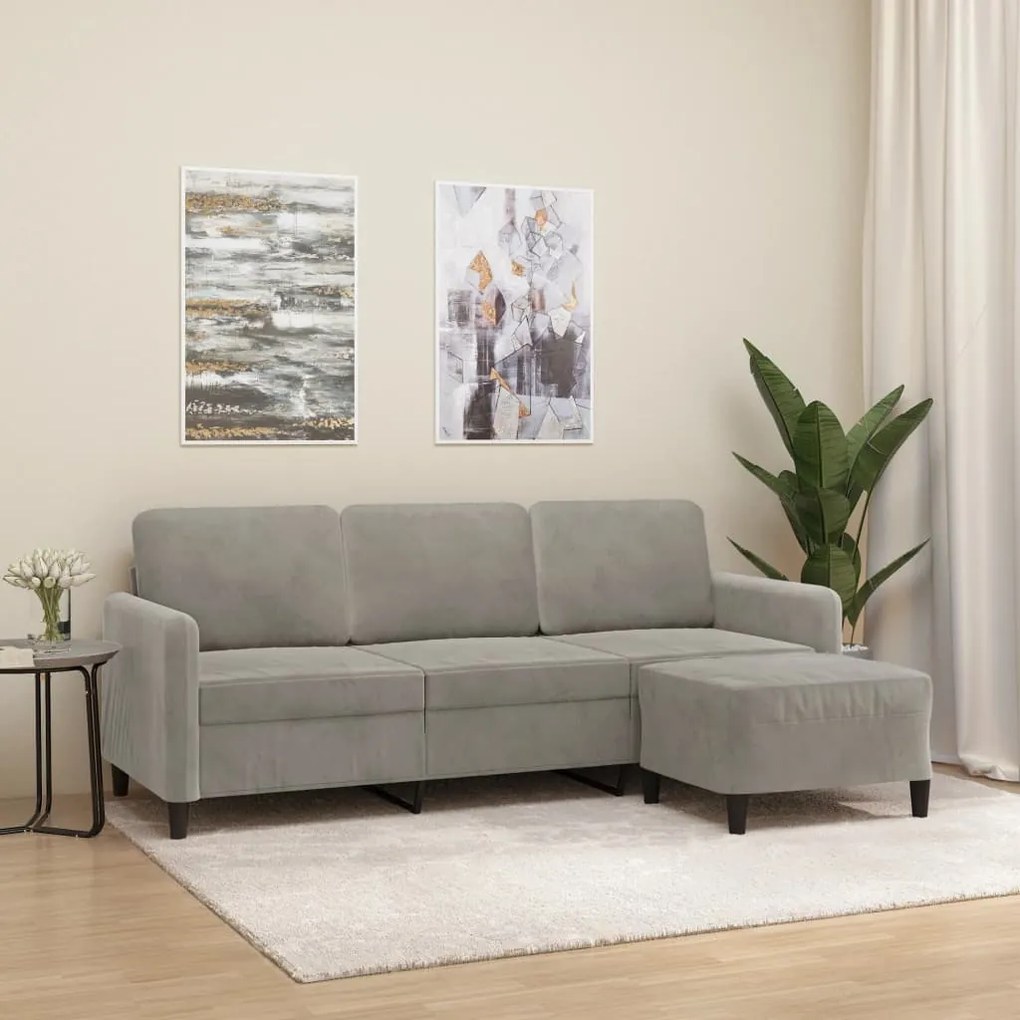 vidaXL Sofá de 3 lugares com apoio de pés 180 cm veludo cinzento-claro