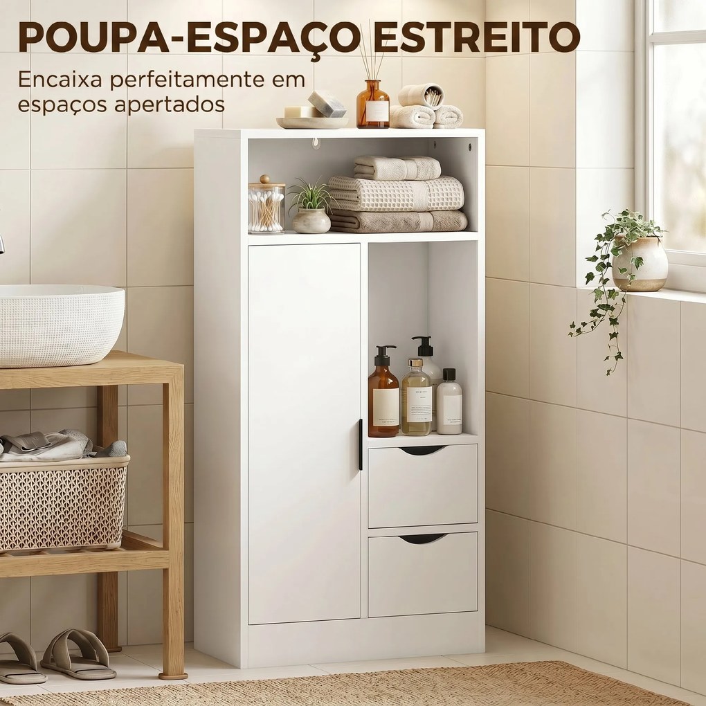 Armário para Casa de Banho com 2 Gavetas, Compartimentos Abertos e Prateleiras Ajustáveis para Espaços Pequenos 50x25x100 cm Branco