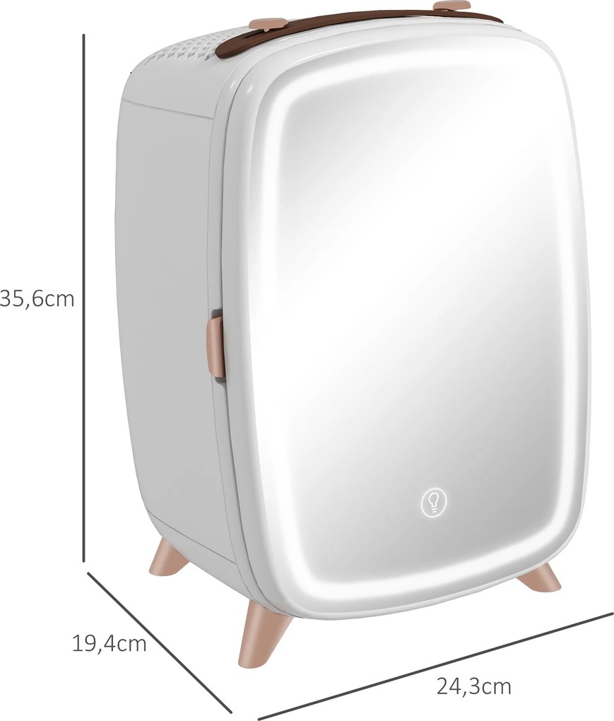 Mini Frigorífico de Cosméticos 6L de 9V com Porta com Espelho e Luz LED Ajustável em 3 Níveis 24,3x19,4x35,6 cm Branco