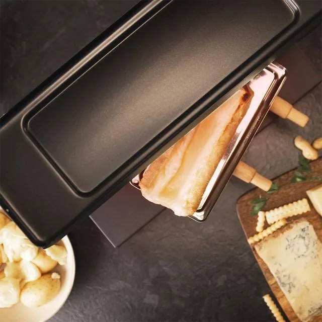 Raclette com Potência 600 W Cheese&amp;Grill 6000 Black, Função Grill, Acabamento em aço inoxidável, Termóstato ajustável, 2 Espátulas de madeira, Grelhad