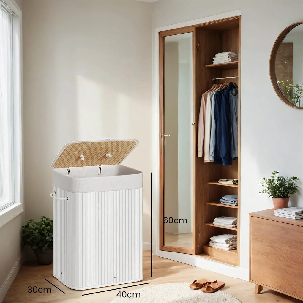 Cesto para roupa em bambu de 72 L, 40 x 30 x 60 cm branco