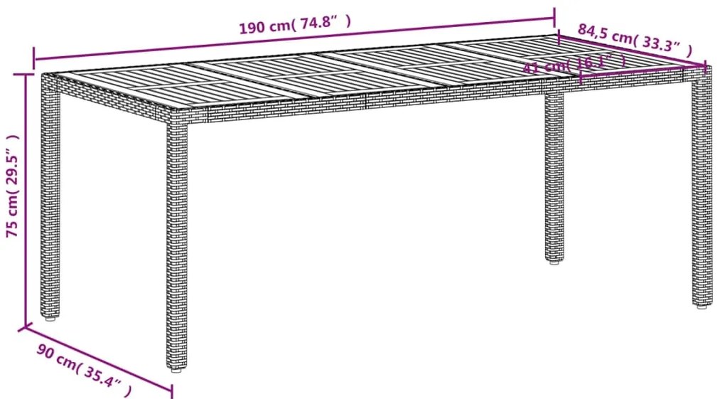 Mesa de jardim 190x90x75 cm vime PE e madeira de maciça bege