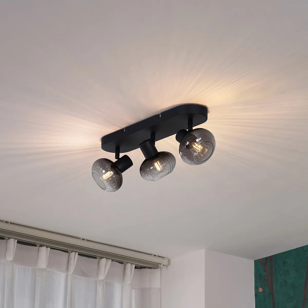 Foco de teto arredondado preto com vidro fumê 3 luzes - Teddy