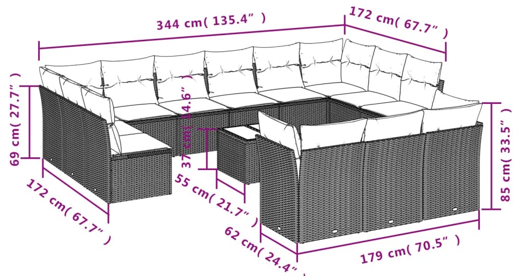 14 pcs conjunto sofás p/ jardim c/ almofadões vime PE cinzento