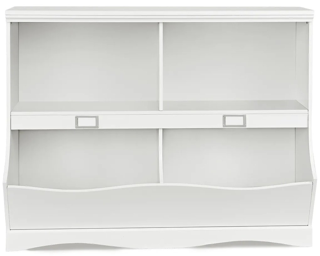 Estante armazenamento infantil com 2 compartimentos e 2 recipientes para organizador de brinquedos de quarto e sala 105,5 x 39,5 x 84 cm branco