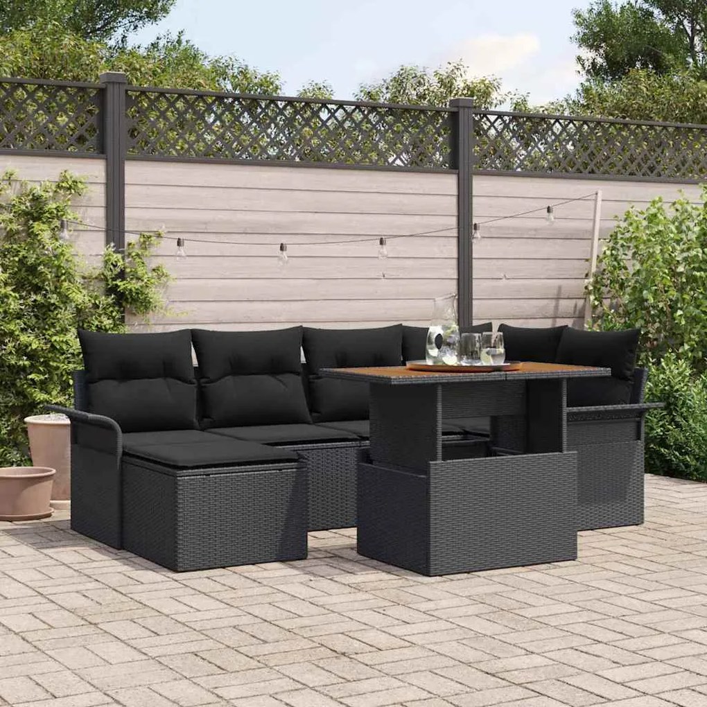 vidaXL Conjunto de Sofás de Jardim 7 Peças com Almofadas de Rattan Poliéster Preto.