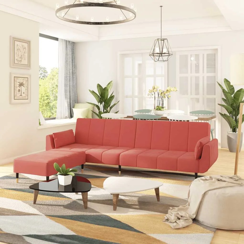 vidaXL Sofá-cama 2 lugares com banco/duas almofadas veludo rosa