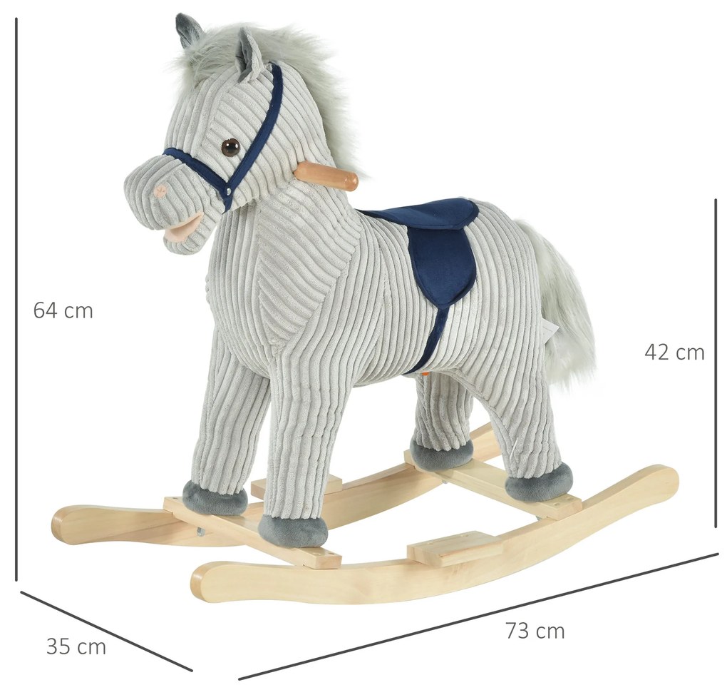 Baloiço Infantil de Cavalo para Crianças acima de 3 Anos Baloiço de Pelúcia com Sons de Relinchos e Galopes e Base de Madeira 73x35x64cm Azul e Cinza