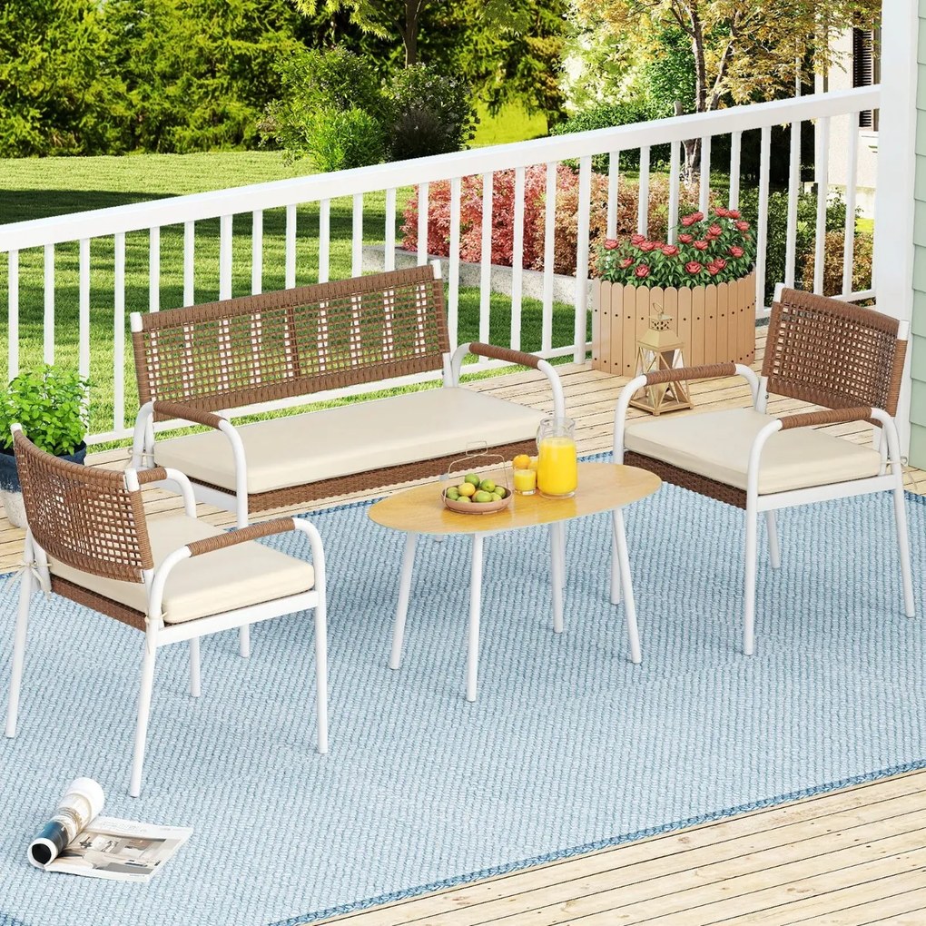Conjunto de jardim de 4 peças: sofá de 2 lugares em rattan PE com 2 poltronas, almofadas e mesa em vidro temperado para varanda ou jardim, Castanho e