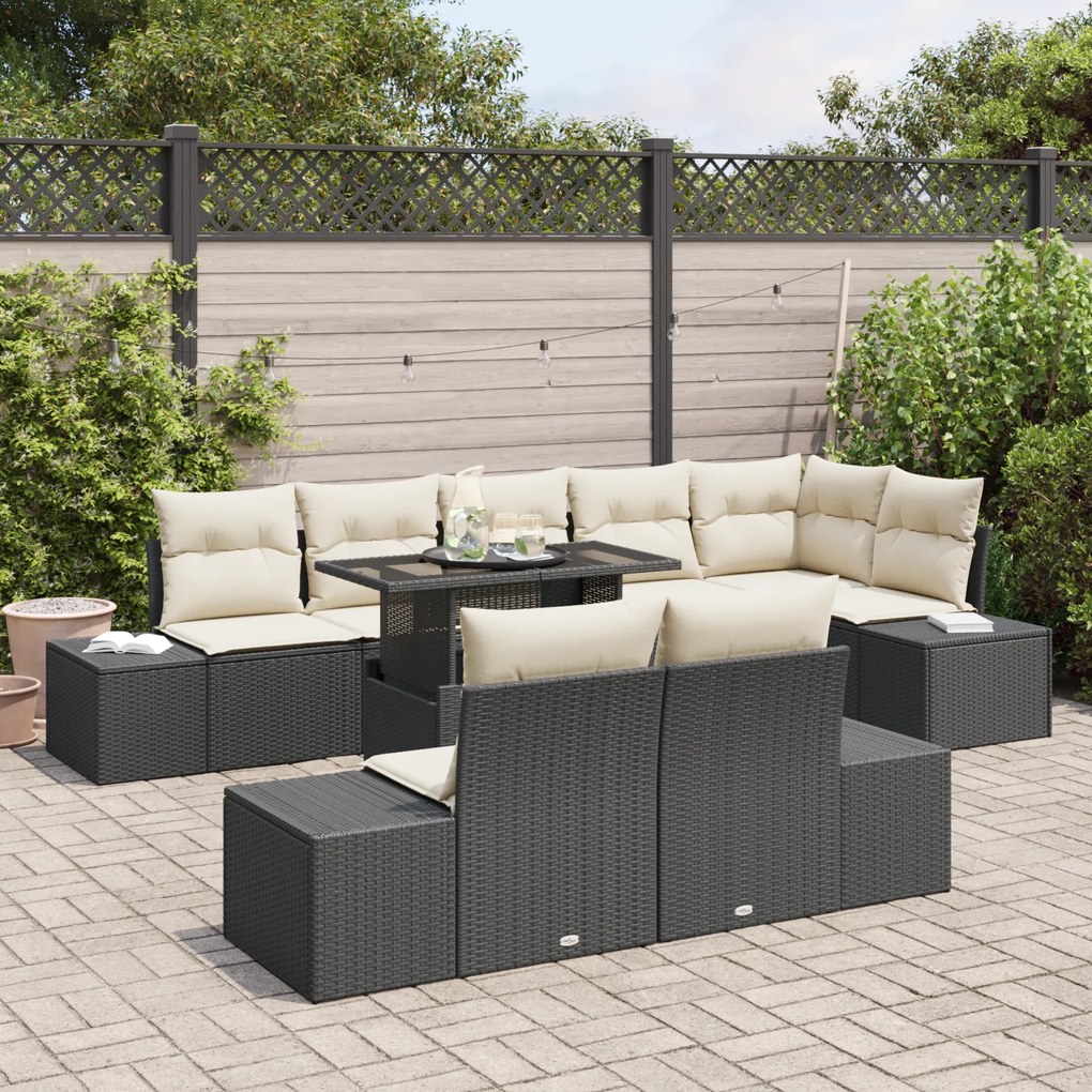 Conjunto de Sofás de Jardim com 9 Peças e Almofadas Preto em Rattan