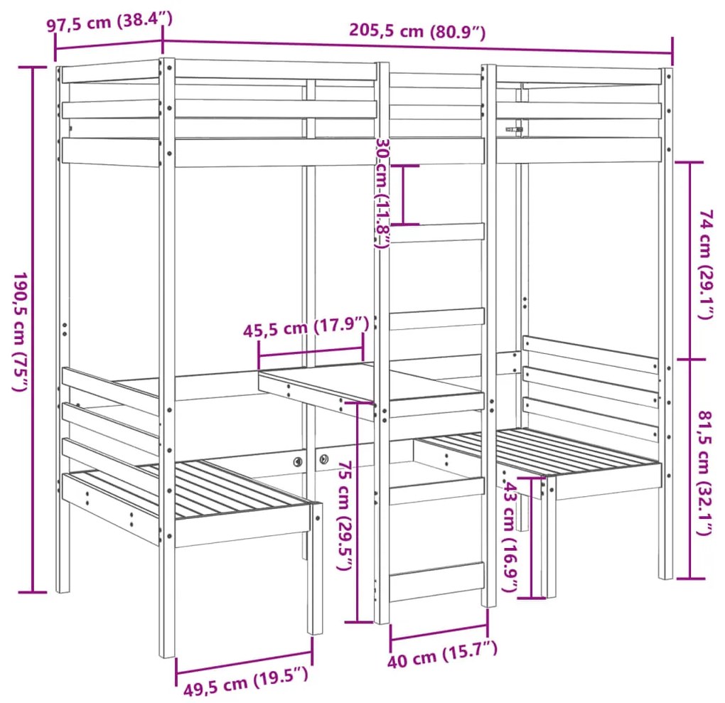 Cama alta com secretária e cadeiras 90x200 cm pinho maciço