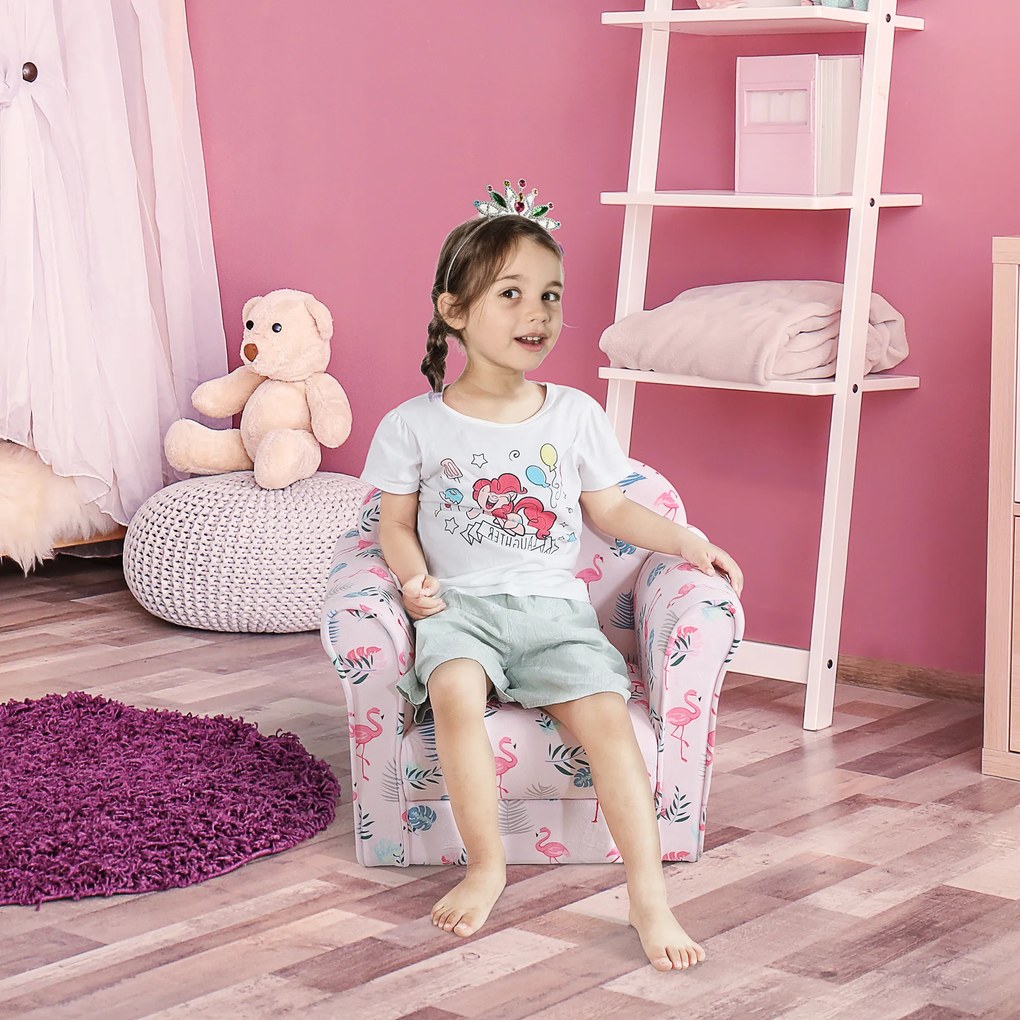 HOMCOM Poltrona para Crianças acima de 3 Anos com Desenhos de Flamingos Estrutura de Madeira e Estofado em Flanela 50x39x44 cm Rosa