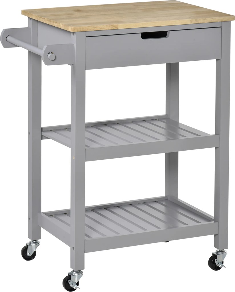 HOMCOM Carrinho de Cozinha com Rodas e Tampo em Madeira 2 Prateleiras 1 Gaveta 66,5x40x84,5 cm Cinza | Aosom Portugal